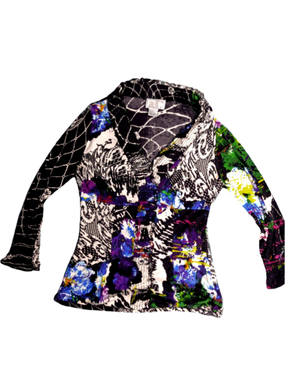 Vintage Alberto Makali Y2K Luxury 100% Silk Multi-Print Ruffle Blouse M